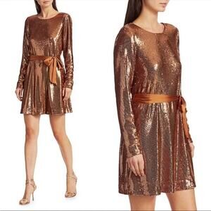 RAMY BROOK Hallie Belted Bronze Sequin Crew Neck Shift Dress US XS NWT